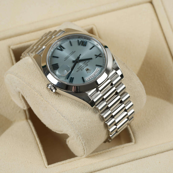 Rolex Daydate Platinum Ice Blue Quadrant Dial 40mm