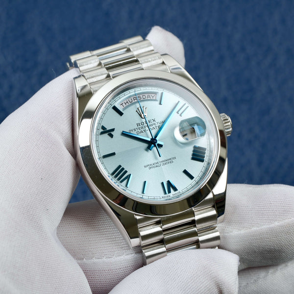 Rolex Daydate Platinum Ice Blue Quadrant Dial 40mm